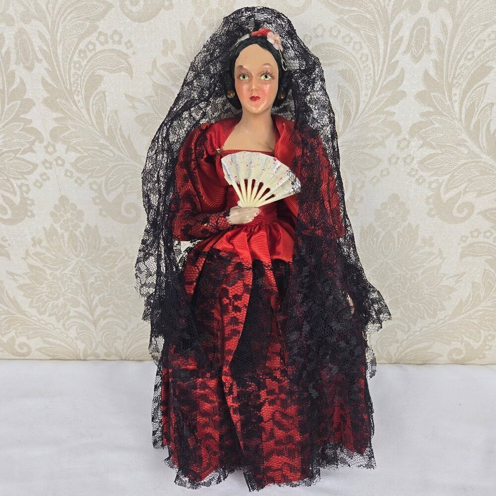 Vintage Porcelain Spanish Flamenco Dancer Doll Red Black Lace Fan Mantilla